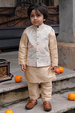 Cream Silk Embroidered nehru Jacket Set For Boys by FUNNY BONES CLOTHINGS