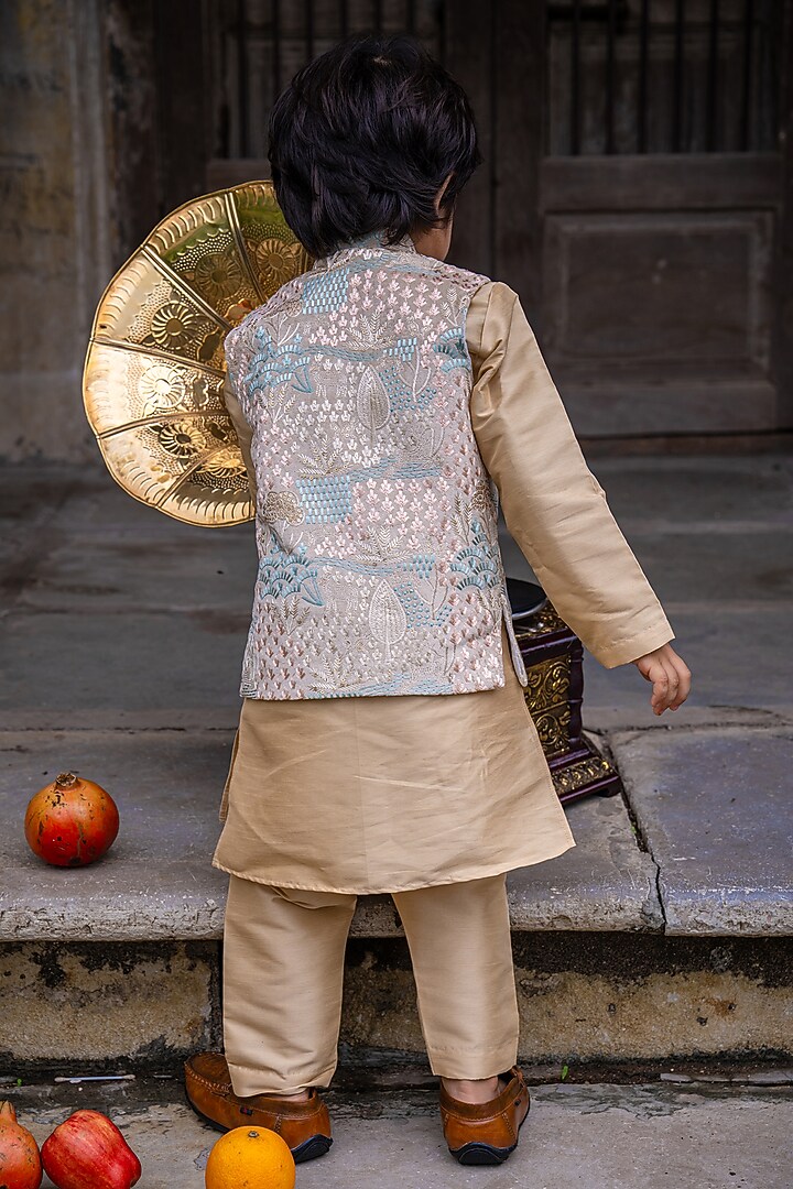 Cream Silk Embroidered nehru Jacket Set For Boys by FUNNY BONES CLOTHINGS at Pernia's Pop Up Shop