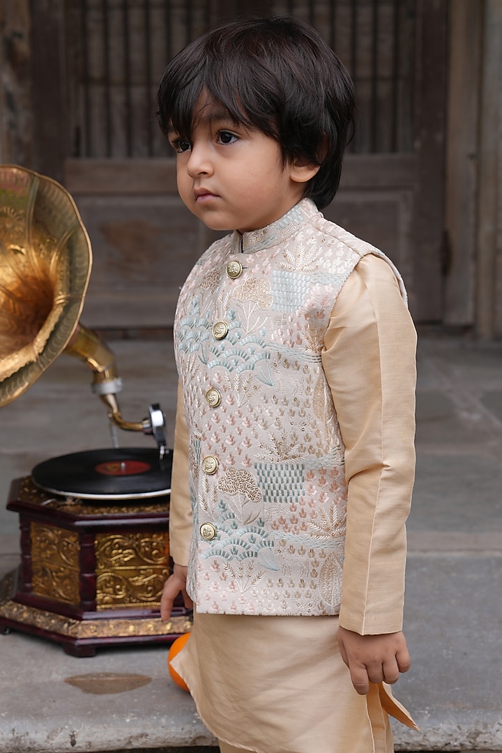 Cream Silk Embroidered nehru Jacket Set For Boys by FUNNY BONES CLOTHINGS at Pernia's Pop Up Shop