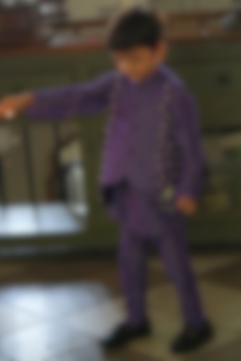 Purple Silk Embroidered Nehru Jacket Set For Boys For Boys by FUNNY BONES CLOTHINGS at Pernia's Pop Up Shop