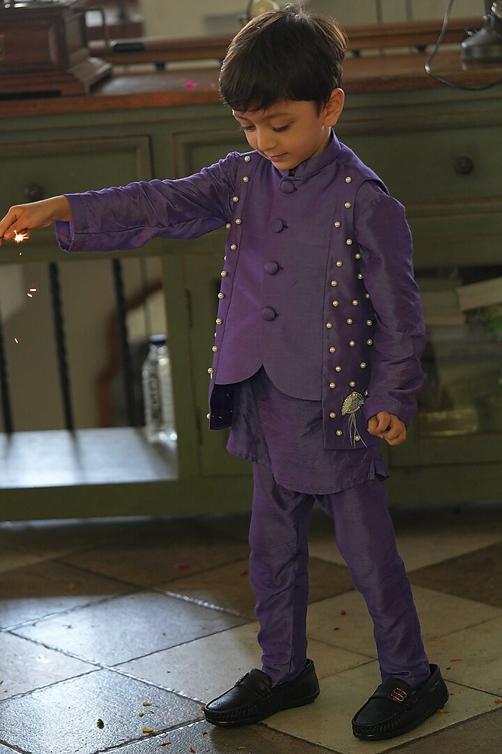 Purple Silk Embroidered Nehru Jacket Set For Boys For Boys by FUNNY BONES CLOTHINGS at Pernia's Pop Up Shop