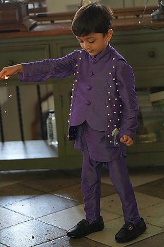 Purple Silk Embroidered Nehru Jacket Set For Boys For Boys by FUNNY BONES CLOTHINGS