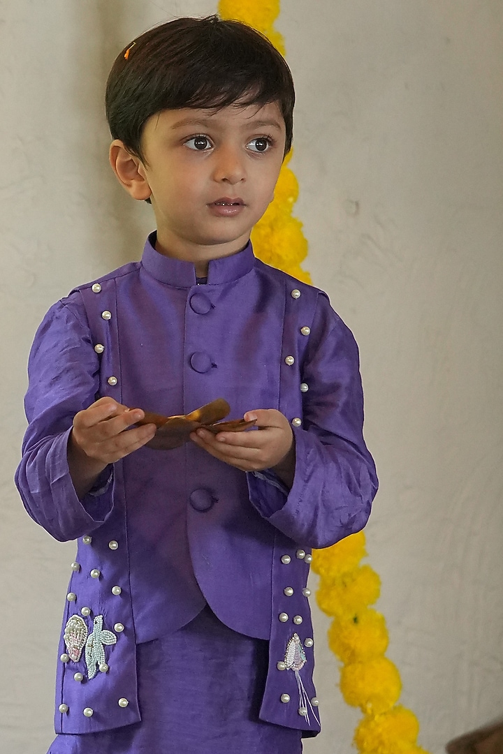 Purple Silk Embroidered Nehru Jacket Set For Boys For Boys by FUNNY BONES CLOTHINGS at Pernia's Pop Up Shop