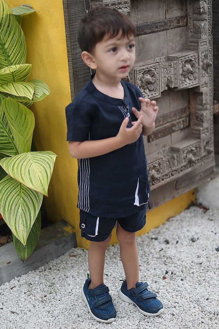 Blue Pure Linen Co-Ord Set For Boys by FUNNY BONES CLOTHINGS