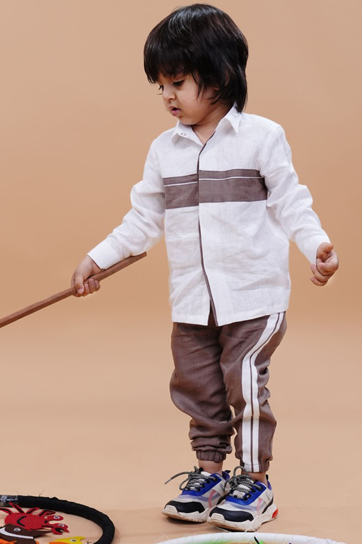 Brown & White Pure Linen Co-Ord Set For Boys by FUNNY BONES CLOTHINGS