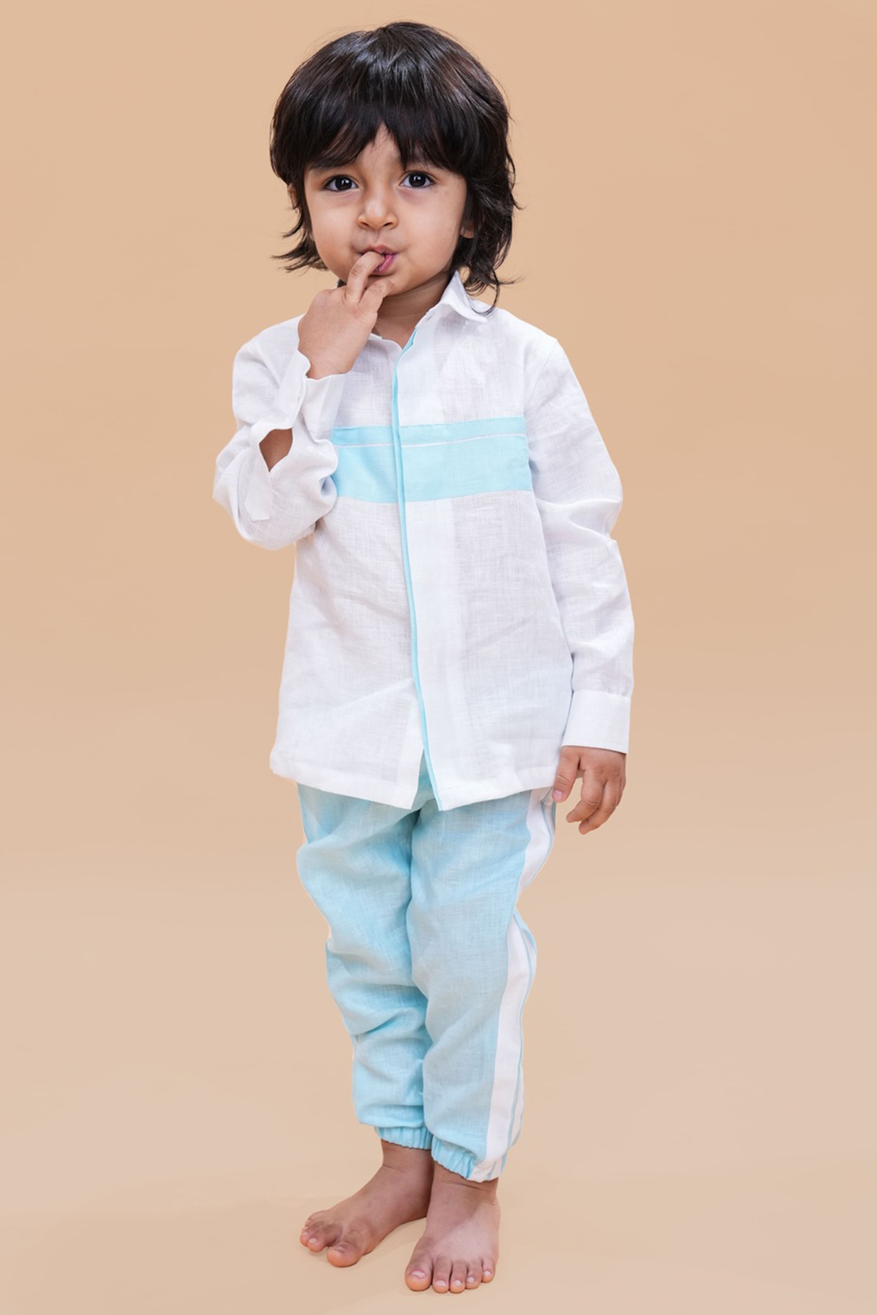 Blue & White Pure Linen Co-Ord Set For Boys by FUNNY BONES CLOTHINGS