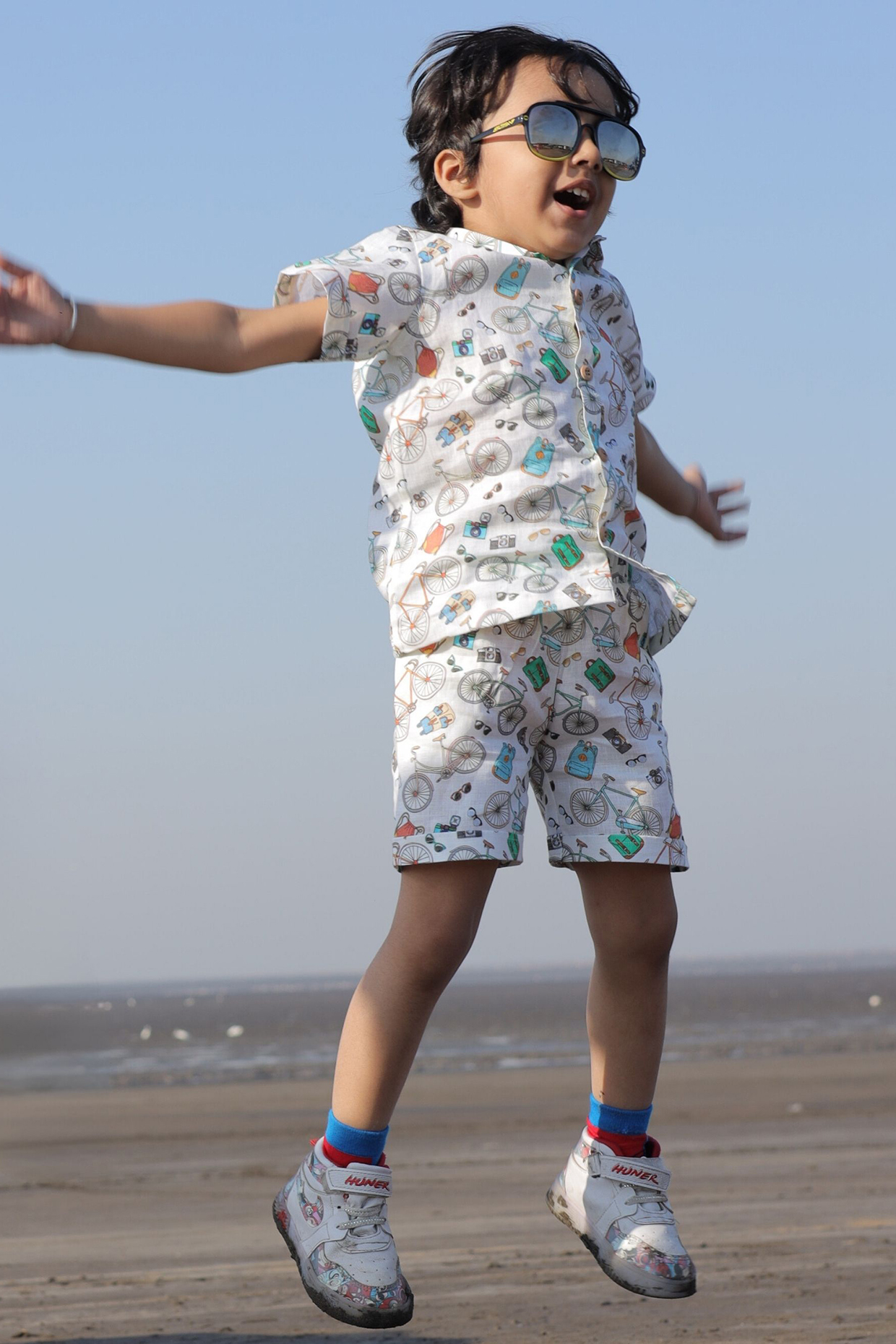 White Pure Linen Printed Co-Ord Set For Boys by FUNNY BONES CLOTHINGS