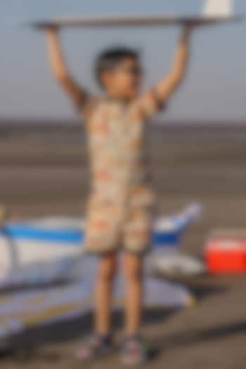 Orange Pure Linen Printed Co-Ord Set For Boys by FUNNY BONES CLOTHINGS