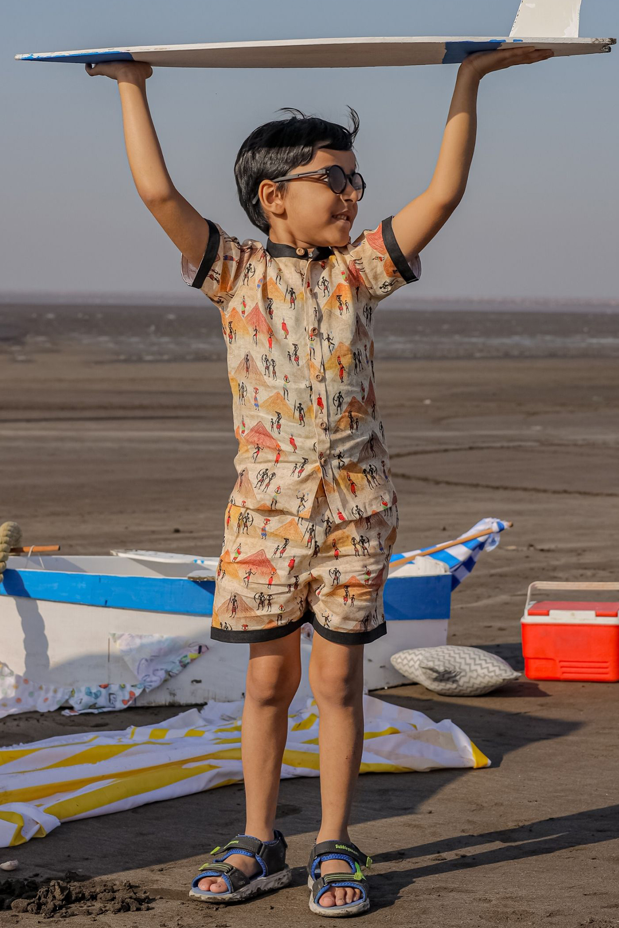 Orange Pure Linen Printed Co-Ord Set For Boys by FUNNY BONES CLOTHINGS