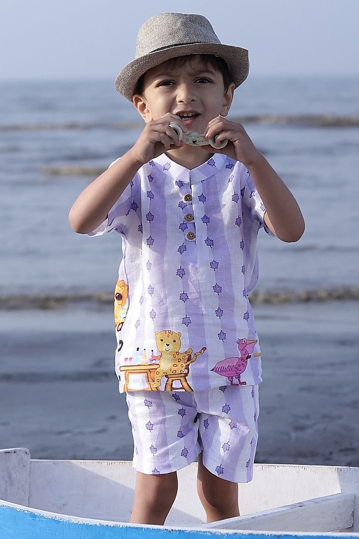 Purple Pure Linen Printed Co-Ord Set For Boys by FUNNY BONES CLOTHINGS