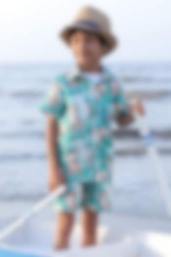 Green Pure Linen Printed Co-Ord Set For Boys by FUNNY BONES CLOTHINGS