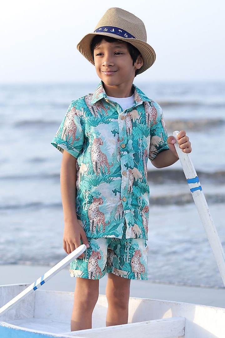 Green Pure Linen Printed Co-Ord Set For Boys by FUNNY BONES CLOTHINGS