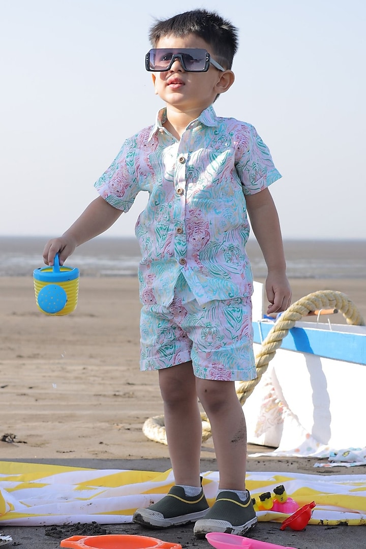 Multi-Colored Pure Linen Printed Co-Ord Set For Boys by FUNNY BONES CLOTHINGS