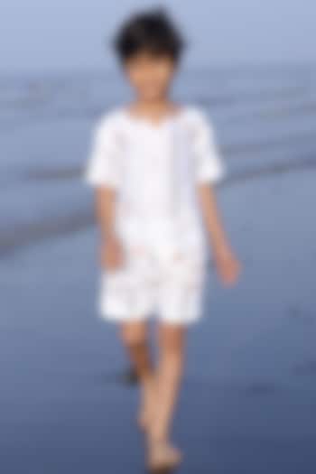 White Pure Linen Printed Co-Ord Set For Boys by FUNNY BONES CLOTHINGS