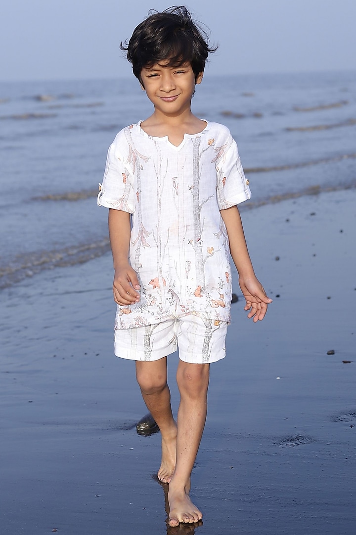 White Pure Linen Printed Co-Ord Set For Boys by FUNNY BONES CLOTHINGS