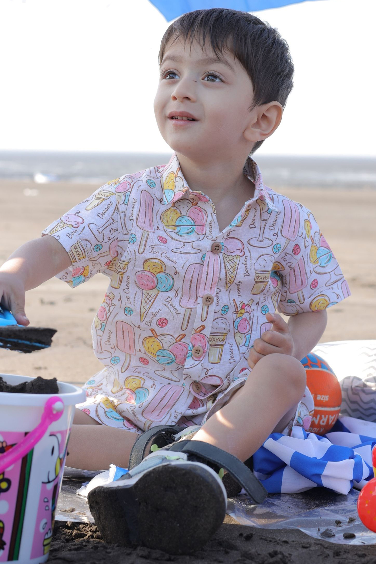 Multi-Colored Pure Linen Printed Co-Ord Set For Boys by FUNNY BONES CLOTHINGS