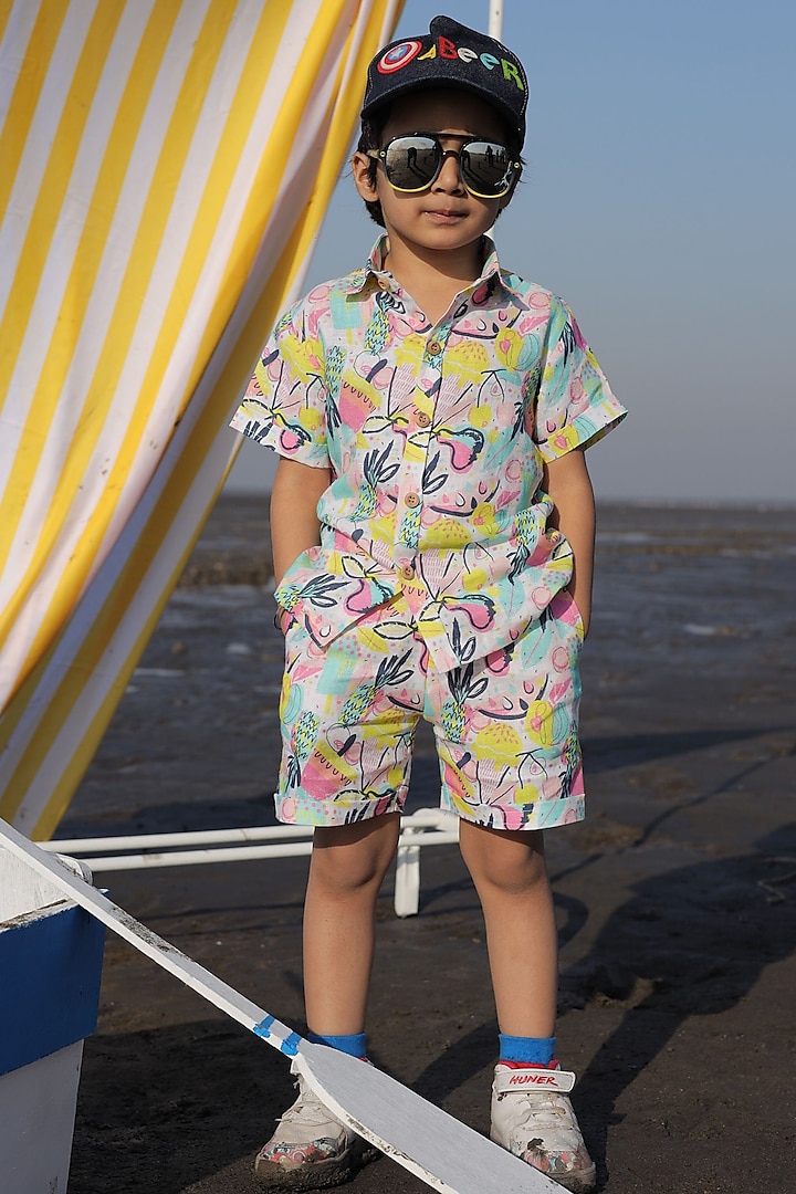 Multi-Colored Pure Linen Printed Co-Ord Set For Boys by FUNNY BONES CLOTHINGS
