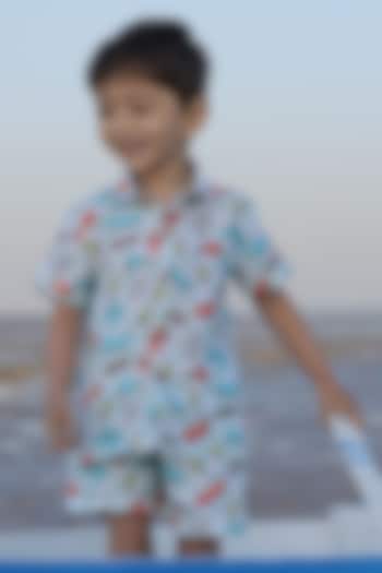 Multi-Colored Pure Linen Printed Co-Ord Set For Boys by FUNNY BONES CLOTHINGS