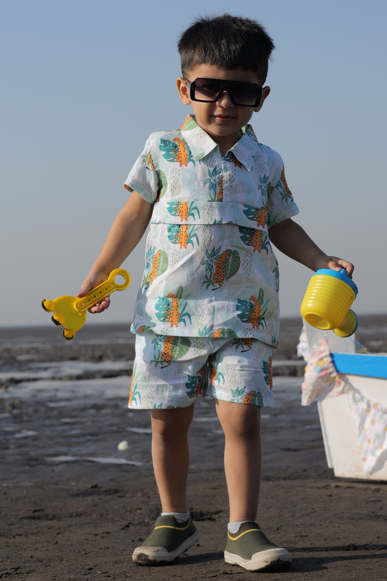 Multi-Colored Pure Linen Printed Co-Ord Set For Boys by FUNNY BONES CLOTHINGS