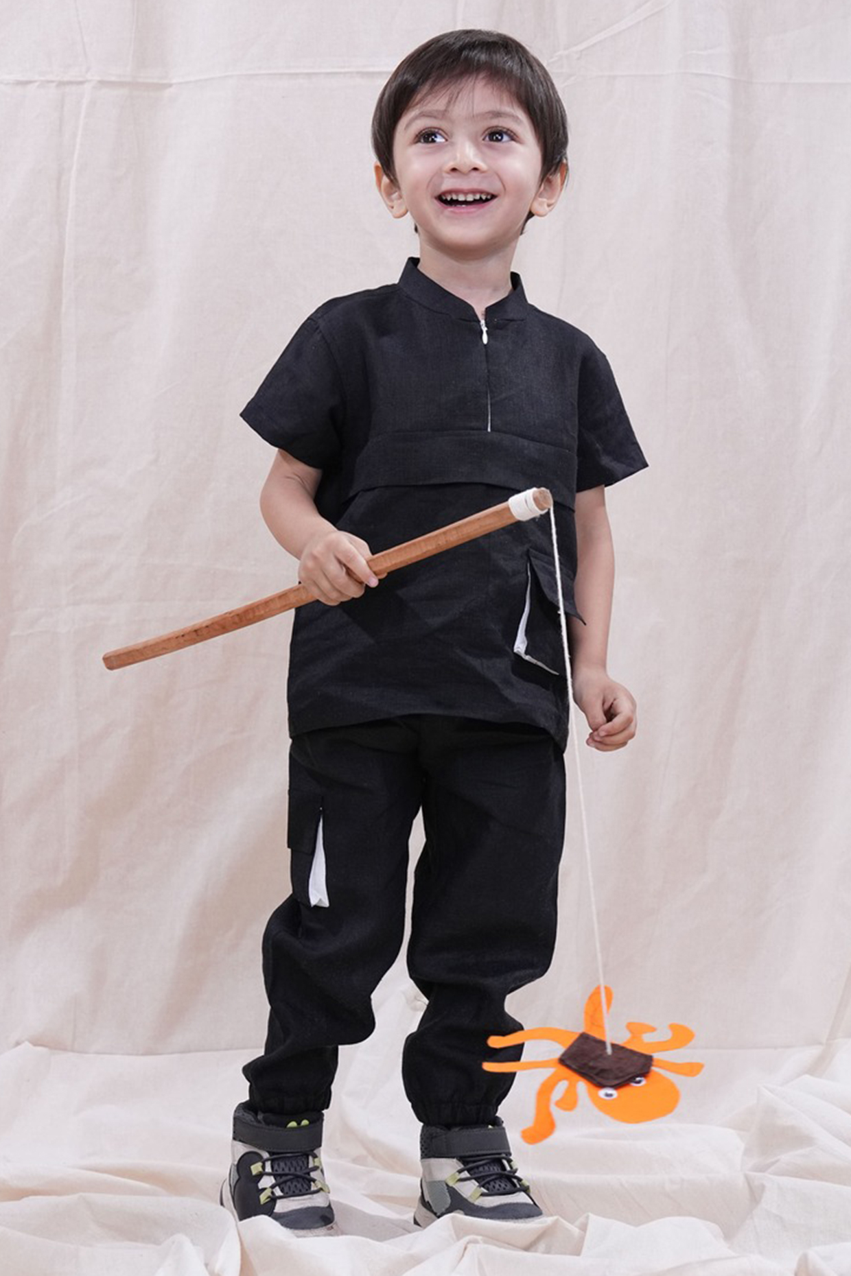 Black Pure Linen Co-Ord Set For Boys by FUNNY BONES CLOTHINGS