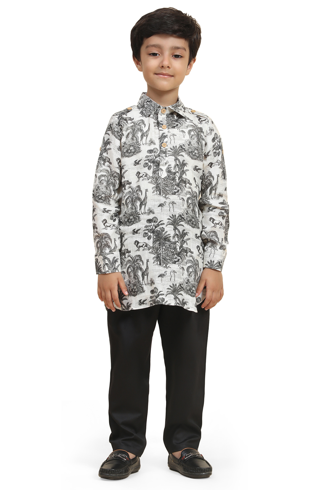 Multi-Colored Pure Linen Printed Kurta Set For Boys by FUNNY BONES CLOTHINGS at Pernia's Pop Up Shop