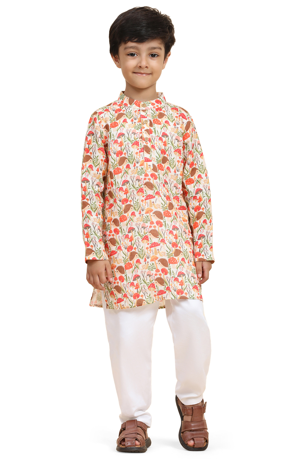 Multi-Colored Pure Linen Printed Kurta Set For Boys by FUNNY BONES CLOTHINGS at Pernia's Pop Up Shop