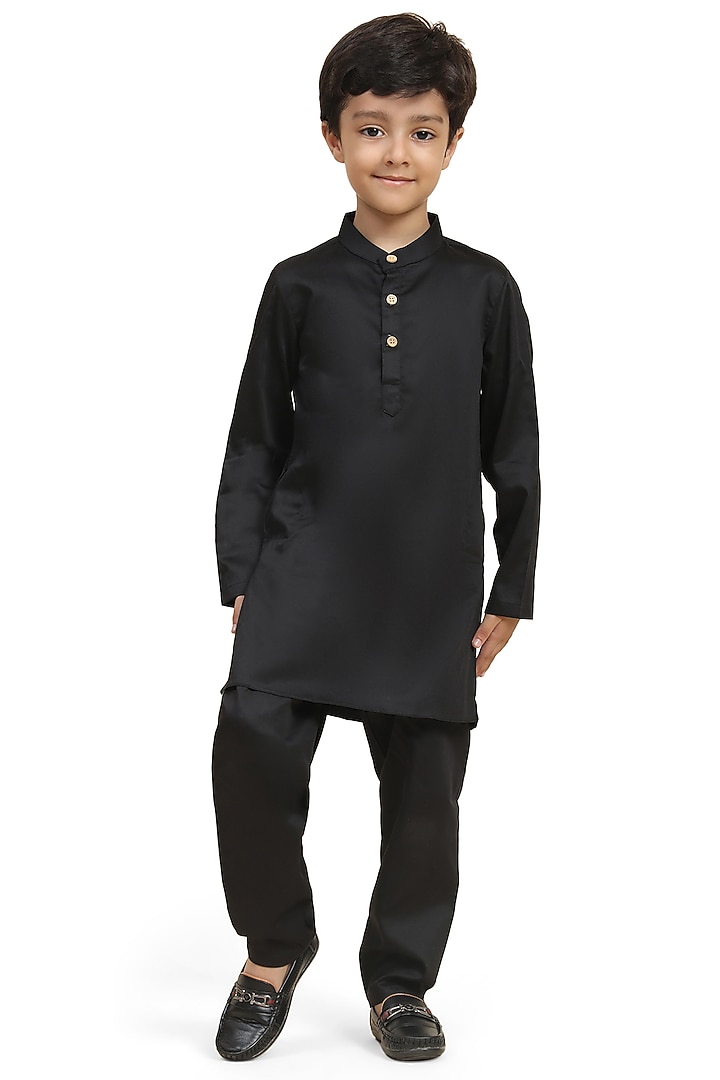 Black Pure Cotton Kurta Set For Boys by FUNNY BONES CLOTHINGS at Pernia's Pop Up Shop