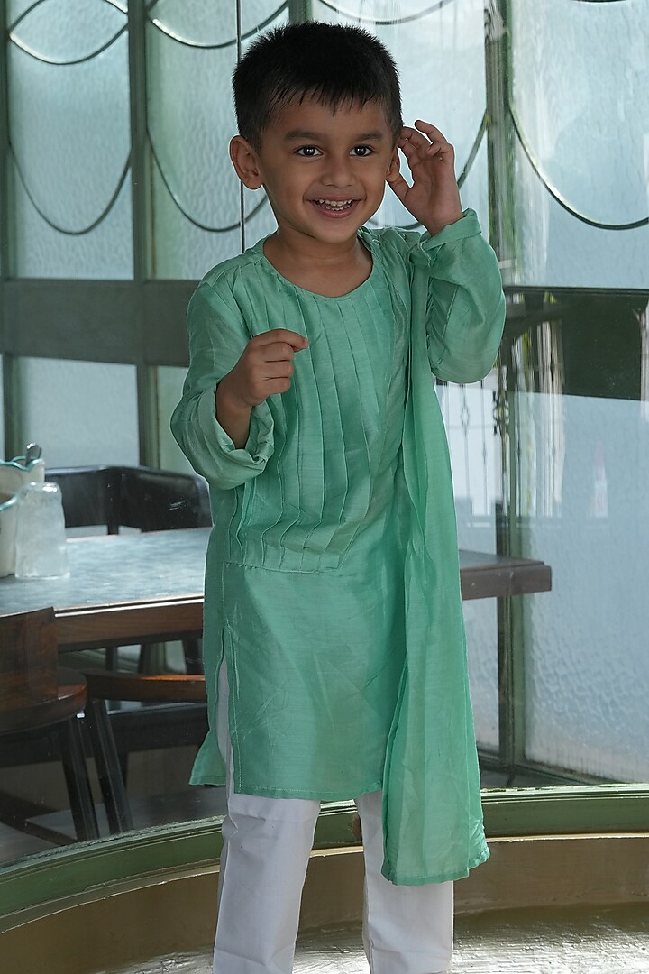 Mint Green Pure Silk Kurta Set For Boys by FUNNY BONES CLOTHINGS at Pernia's Pop Up Shop