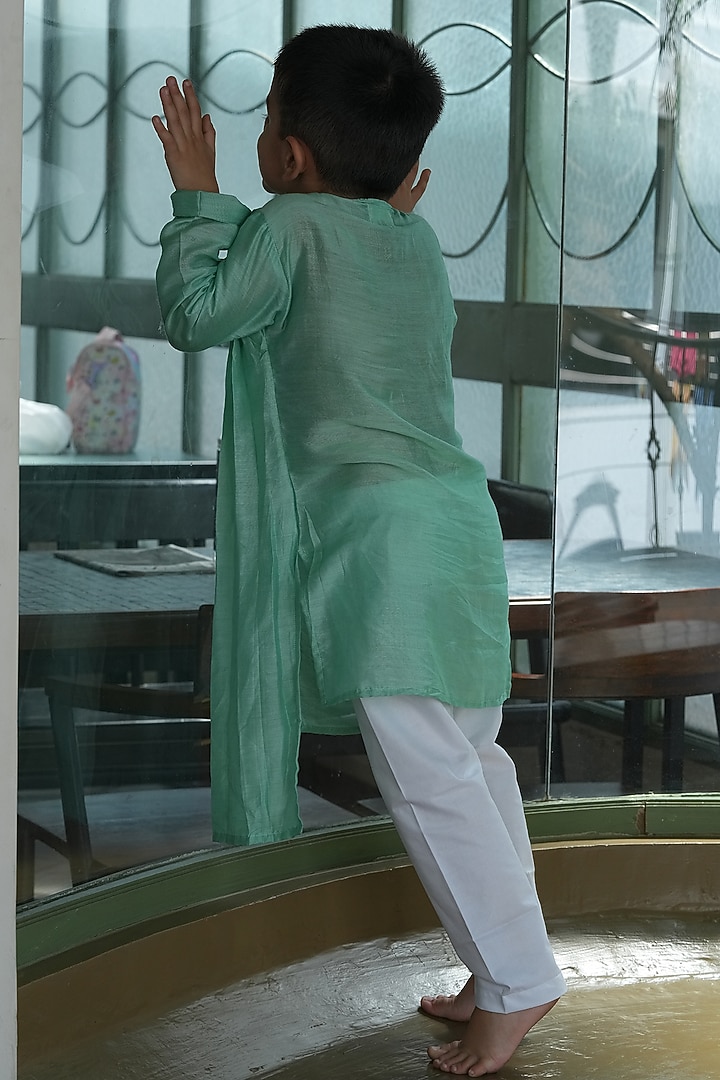 Mint Green Pure Silk Kurta Set For Boys by FUNNY BONES CLOTHINGS at Pernia's Pop Up Shop