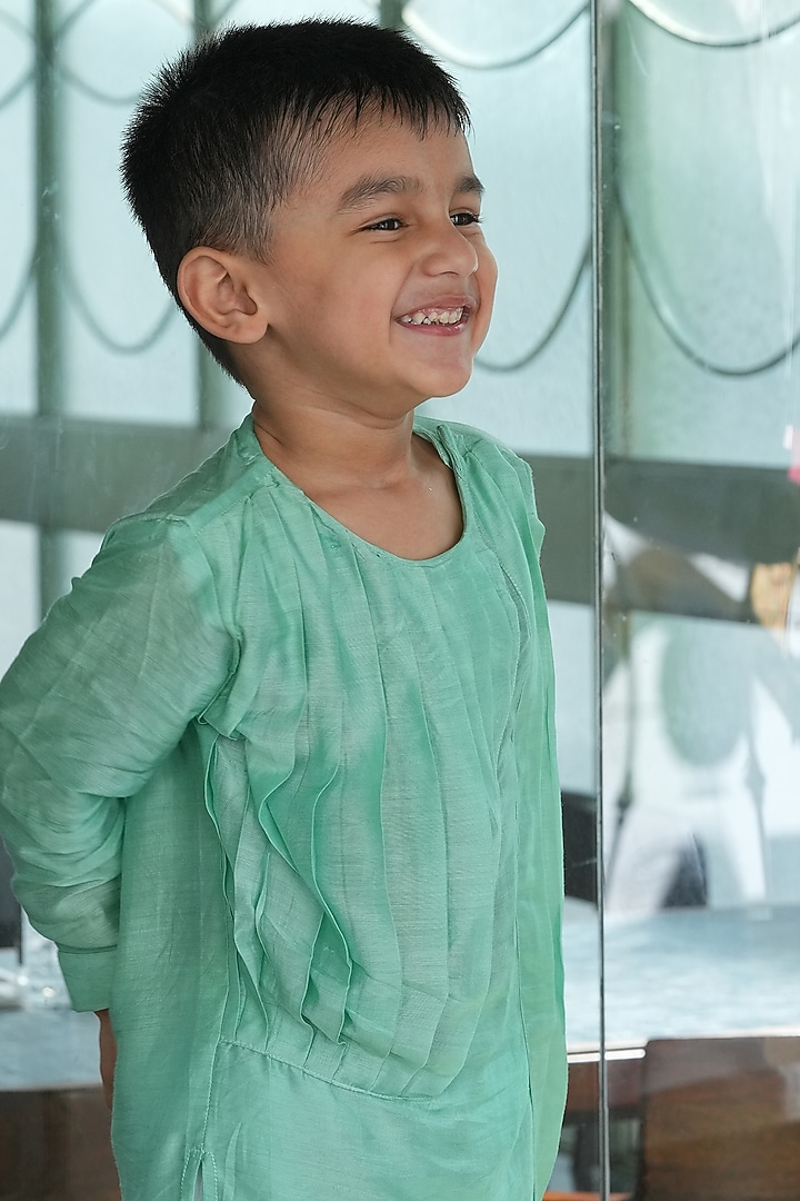 Mint Green Pure Silk Kurta Set For Boys by FUNNY BONES CLOTHINGS at Pernia's Pop Up Shop