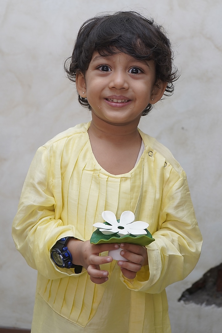 Yellow Pure Silk Kurta Set For Boys by FUNNY BONES CLOTHINGS at Pernia's Pop Up Shop