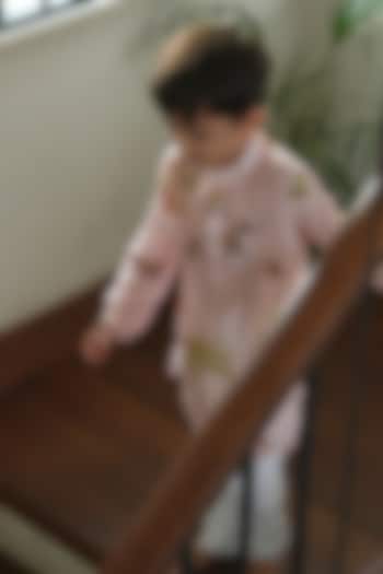 Pink Pure Silk Printed Kurta Set For Boys by FUNNY BONES CLOTHINGS at Pernia's Pop Up Shop