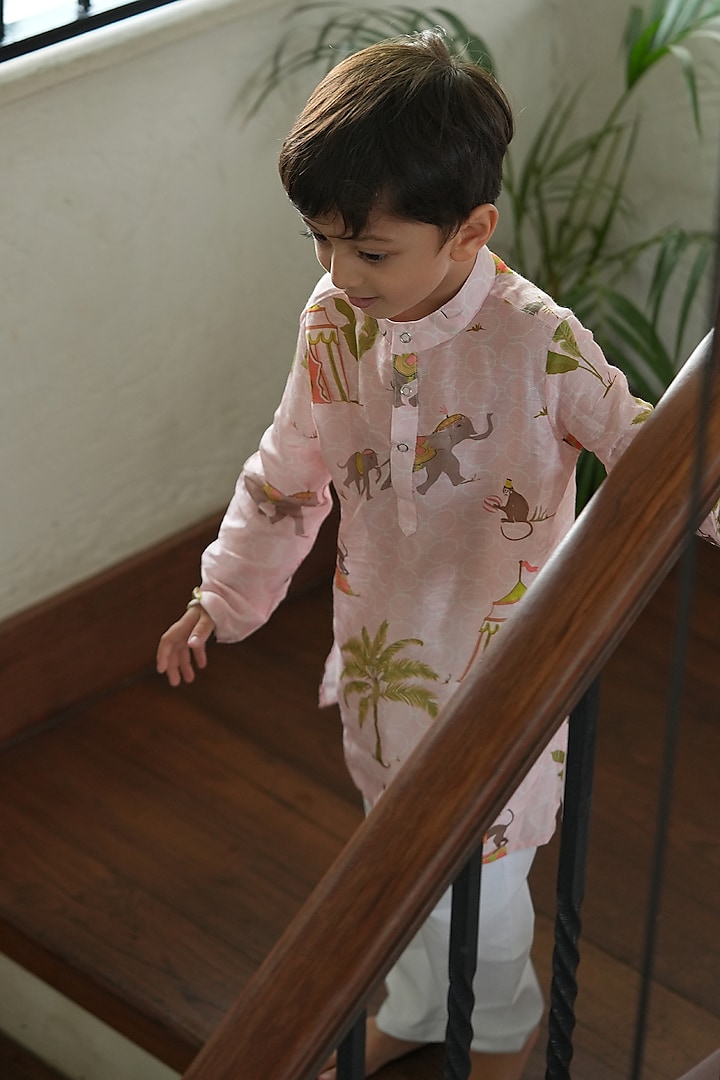 Pink Pure Silk Printed Kurta Set For Boys by FUNNY BONES CLOTHINGS at Pernia's Pop Up Shop