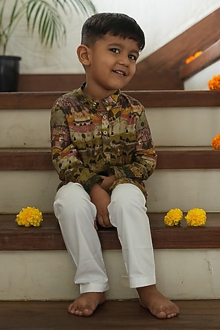 Multi-Colored Pure Silk Printed Kurta Set For Boys by FUNNY BONES CLOTHINGS