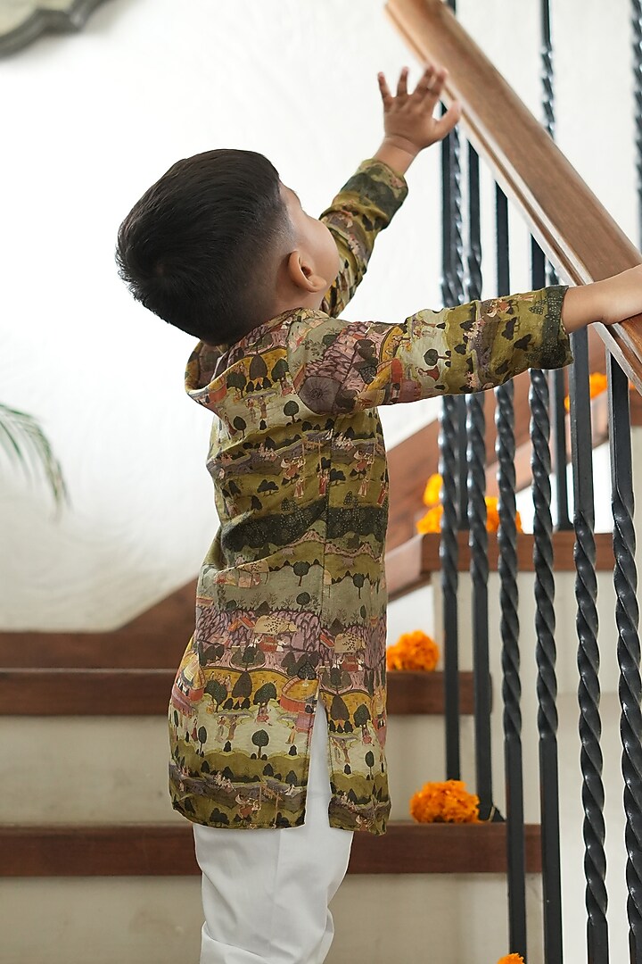 Multi-Colored Pure Silk Printed Kurta Set For Boys by FUNNY BONES CLOTHINGS at Pernia's Pop Up Shop