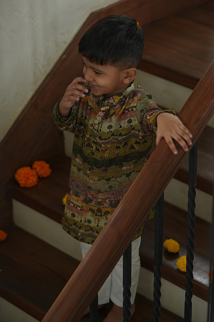 Multi-Colored Pure Silk Printed Kurta Set For Boys by FUNNY BONES CLOTHINGS at Pernia's Pop Up Shop