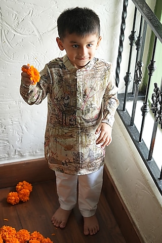Multi-Colored Pure Silk Printed Kurta Set For Boys by FUNNY BONES CLOTHINGS