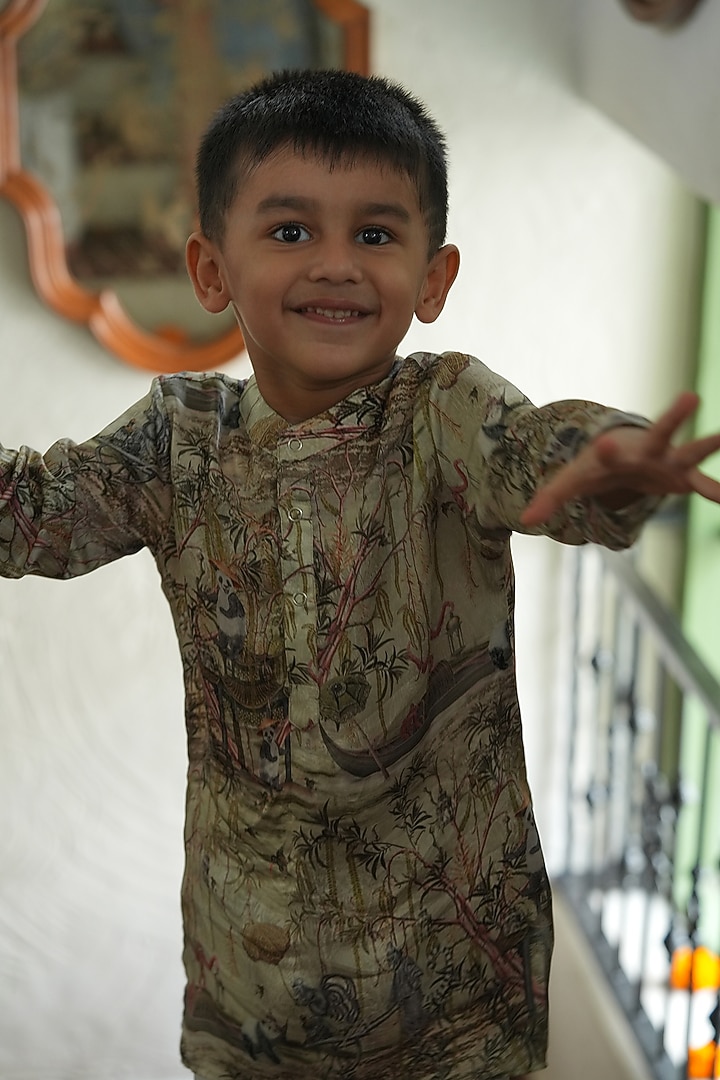 Multi-Colored Pure Silk Printed Kurta Set For Boys by FUNNY BONES CLOTHINGS at Pernia's Pop Up Shop