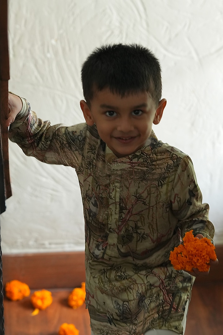 Multi-Colored Pure Silk Printed Kurta Set For Boys by FUNNY BONES CLOTHINGS at Pernia's Pop Up Shop