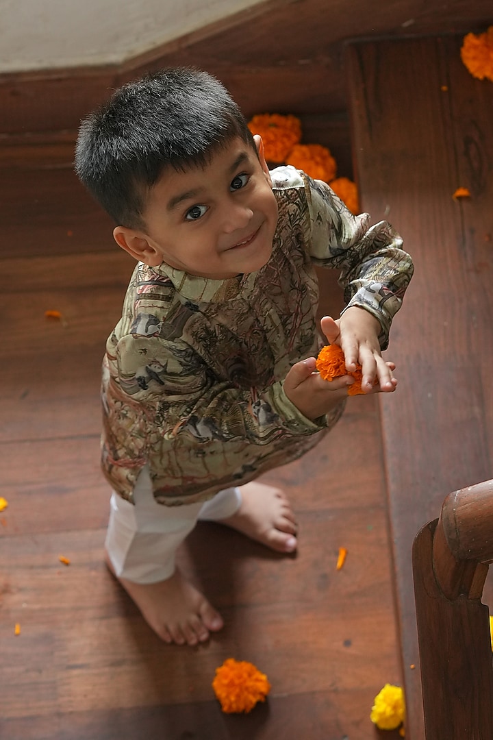 Multi-Colored Pure Silk Printed Kurta Set For Boys by FUNNY BONES CLOTHINGS at Pernia's Pop Up Shop