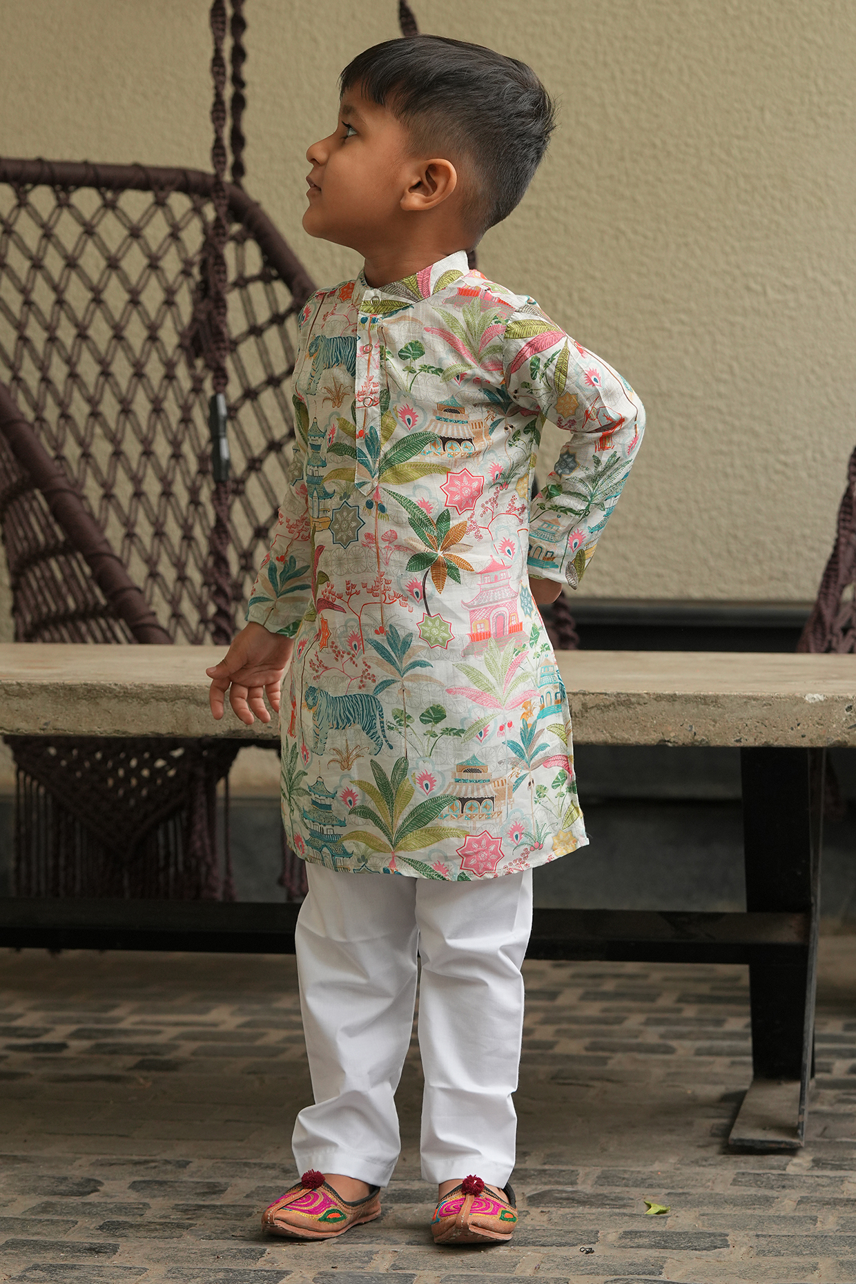 Multi-Colored Pure Silk Printed Kurta Set For Boys by FUNNY BONES CLOTHINGS at Pernia's Pop Up Shop