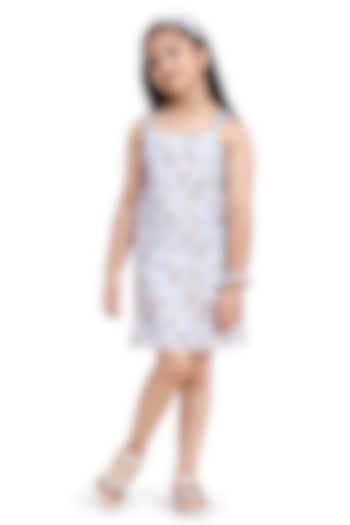 Sky Blue Pure Linen Printed Dress For Girls by FUNNY BONES CLOTHINGS at Pernia's Pop Up Shop