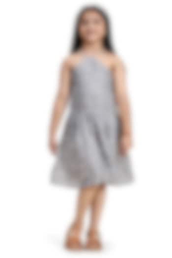 Grey Pure Linen Printed Dress For Girls by FUNNY BONES CLOTHINGS at Pernia's Pop Up Shop