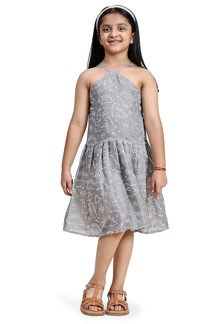 Grey Pure Linen Printed Dress For Girls by FUNNY BONES CLOTHINGS at Pernia's Pop Up Shop