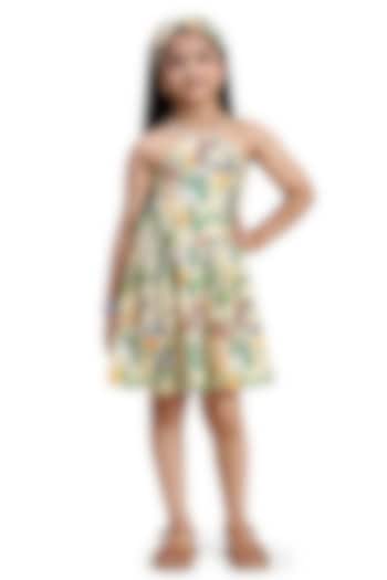 Off-White Pure Linen Printed Dress For Girls by FUNNY BONES CLOTHINGS at Pernia's Pop Up Shop