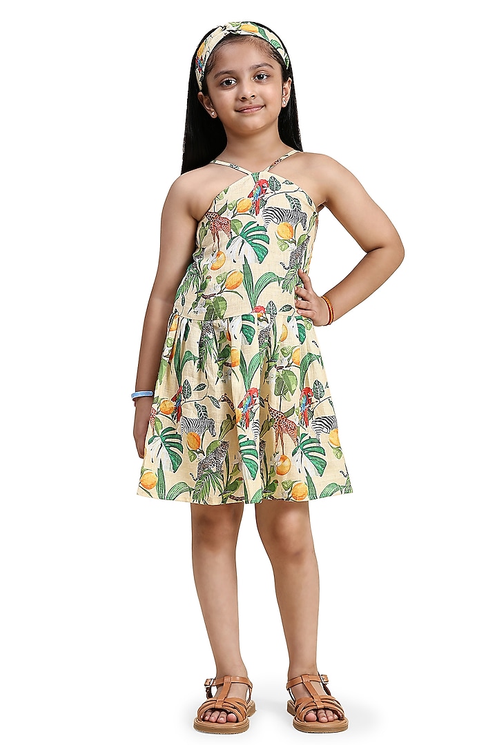 Off-White Pure Linen Printed Dress For Girls by FUNNY BONES CLOTHINGS at Pernia's Pop Up Shop
