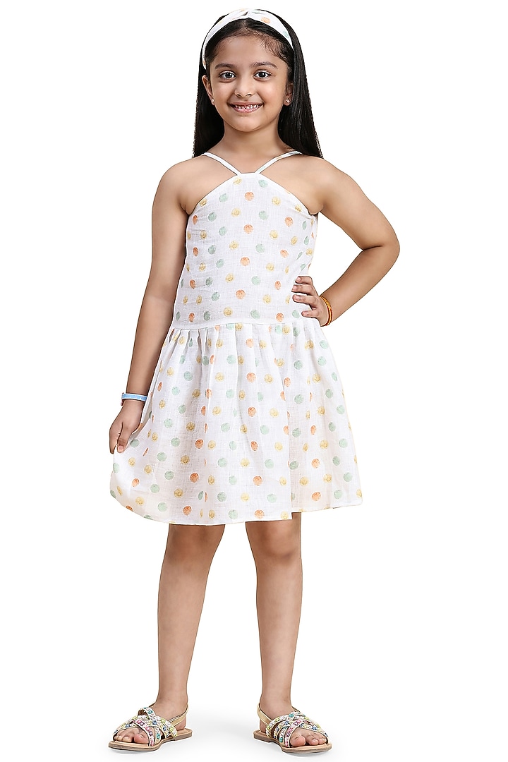 White Pure Linen Printed Dress For Girls by FUNNY BONES CLOTHINGS at Pernia's Pop Up Shop