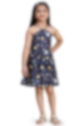 Navy Blue Pure Linen Printed Dress For Girls by FUNNY BONES CLOTHINGS at Pernia's Pop Up Shop