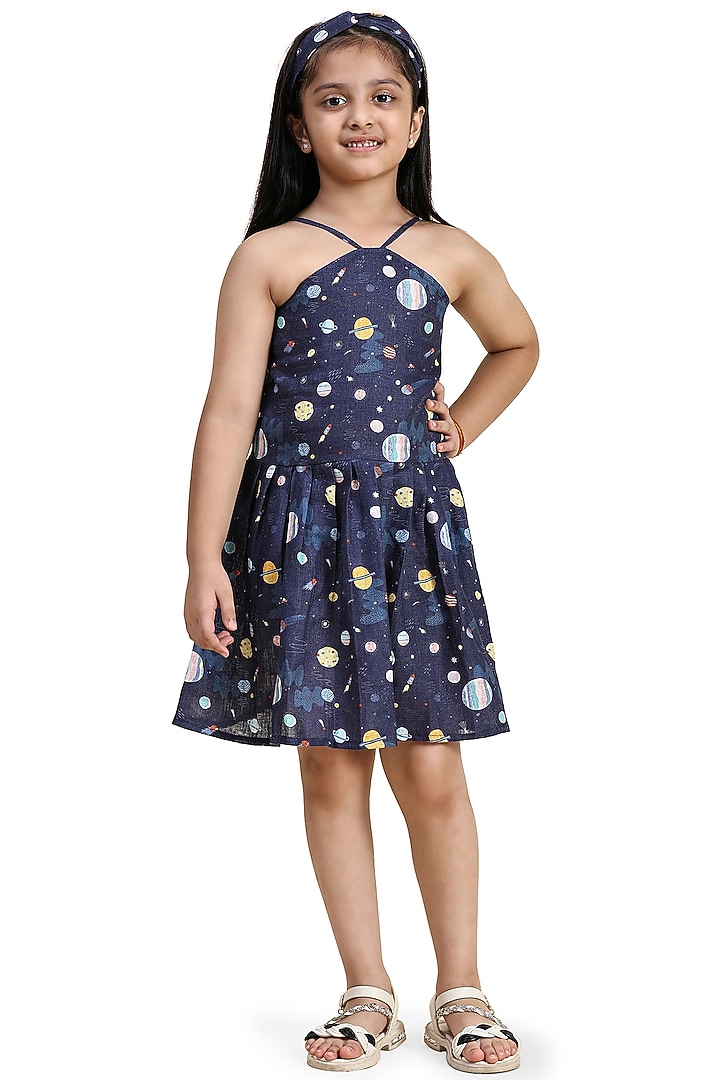 Navy Blue Pure Linen Printed Dress For Girls by FUNNY BONES CLOTHINGS at Pernia's Pop Up Shop