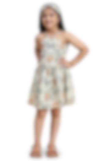 Off-White Pure Linen Printed Dress For Girls by FUNNY BONES CLOTHINGS at Pernia's Pop Up Shop
